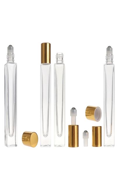 10ml caneta vazia quadrada rolo de vidro transparente em garrafa com tampa dourada bola de rolo de aço inoxidável para óleo essencial perfume9677065