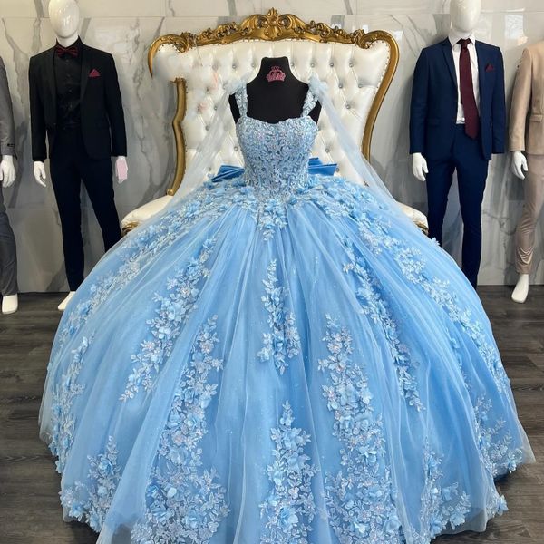 Himmelblaues Quinceanera-Kleid, mexikanische Applikationen, 3D-Blumen, Tüll, Ballkleider, schulterfrei, Korsett, 16, Vestidos de XV Anos