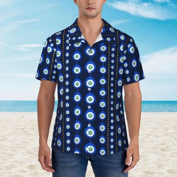 Camisas casuais masculinas Evil Eye Imprimir camisa de praia homem azul e ouro havaiano manga curta design na moda blusas de grandes dimensões ideia de presente