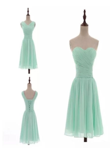 Karışık Stiller Pileli Kısa Şifon Ülke Nedime Elbiseleri Nane Yeşil Diz Uzunluğu Düğün Nedime Elbiseleri 100 Gerçek Pictures4261815