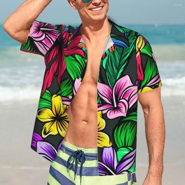 Camisas casuais masculinas Tropical Beach Camisa Colorida Flor Impressão Havaiana Homens Novidade Blusas Manga Curta Y2K Engraçado Top Gráfico