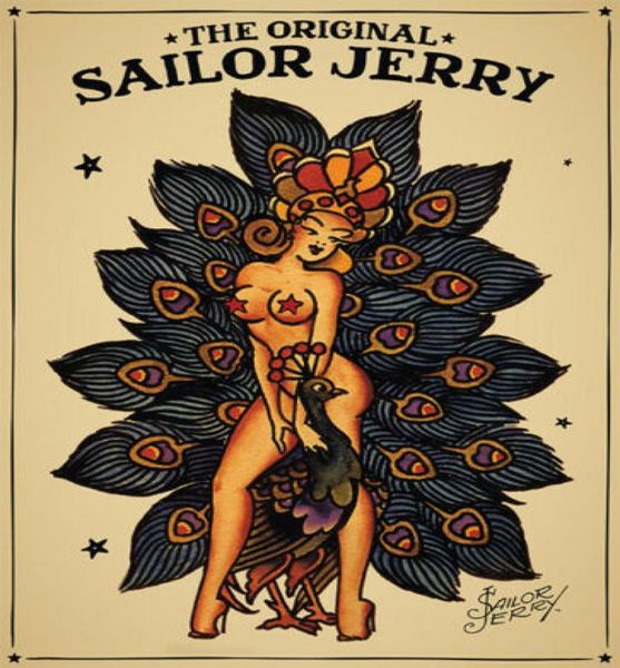 Sailor Jerry Tattoo Vintage menina e um pavão Art Gifts Silk Poster Paintings3783642