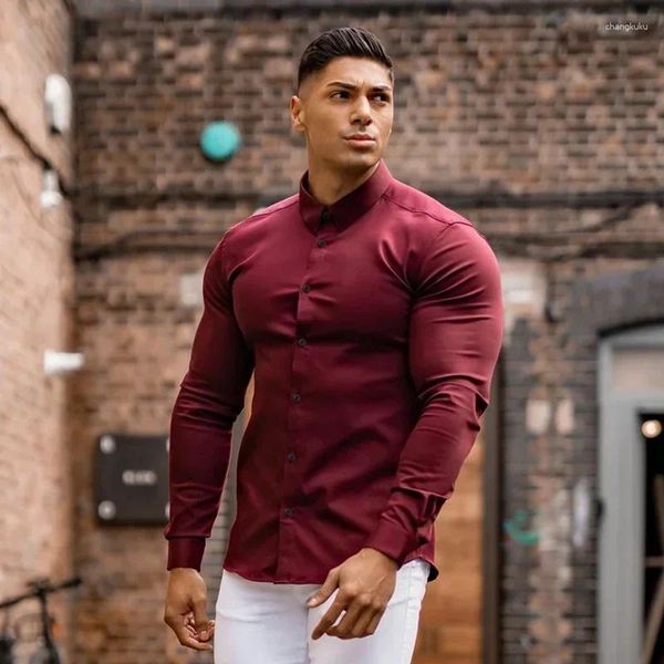 Camisas de vestido masculinas moda casual manga longa camisa sólida super fino ajuste masculino negócios sociais simples roupas esportivas de fitness