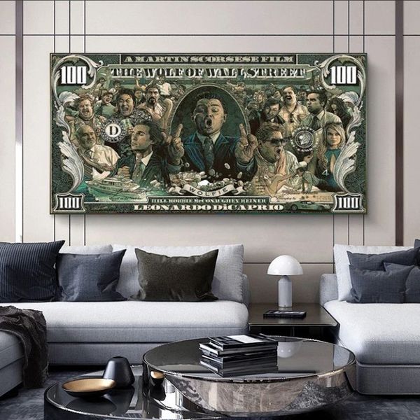 Graffiti Street Money Art 100 Dollari Pittura su tela Poster e stampe Lupo di Wall Street Pop Art per soggiorno Decor264U