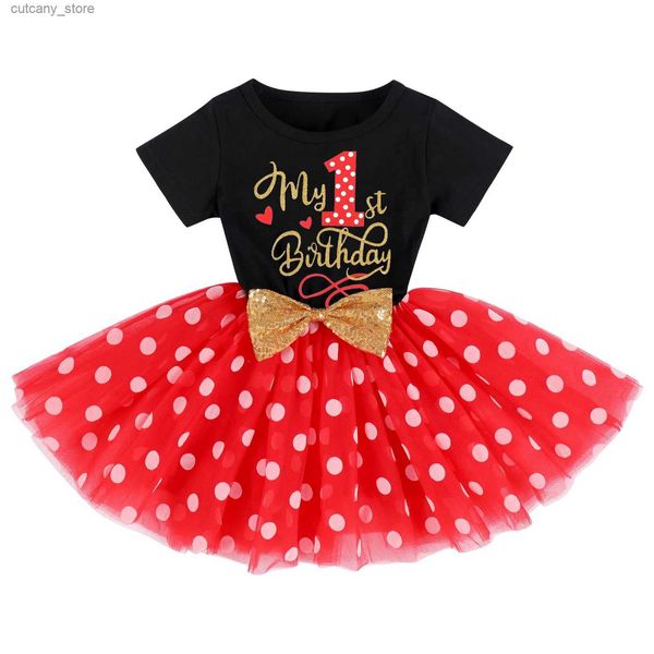 Mädchenkleider 1-2 Jahre Geburtstagspartykleid Polka Dot Cake Crush-Kleid mit speziellem Buchstabendruck und glitzernder Pailletten-Bowknot-Fotografie-Requisiten L240311