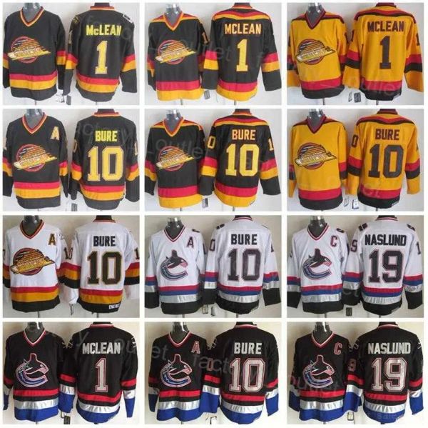 Personalizado Mens Mulheres Juventude Pettersson Vancouver''Retro Canucks Hóquei 10 Pavel Bure Jersey 1 Kirk Mclean 19 Markus Naslund Vintage Preto Branco Amarelo Equipe Costura para