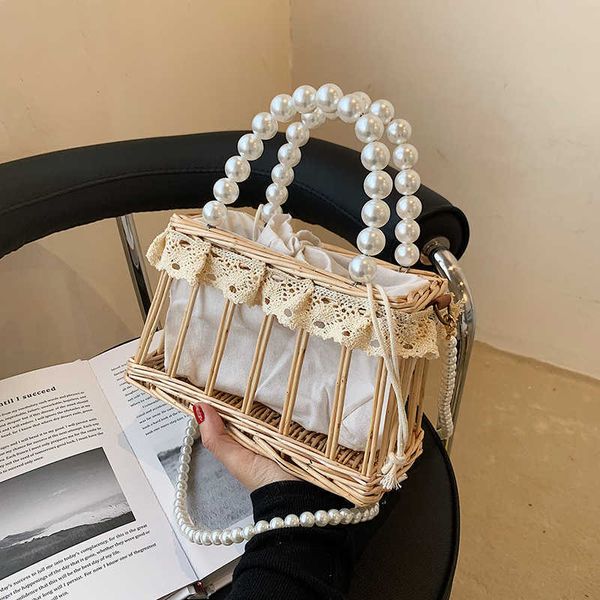 Borsa in tessuto erba per tracolla singola in pizzo quadrato da donna alla moda primaverile con perle in rattan