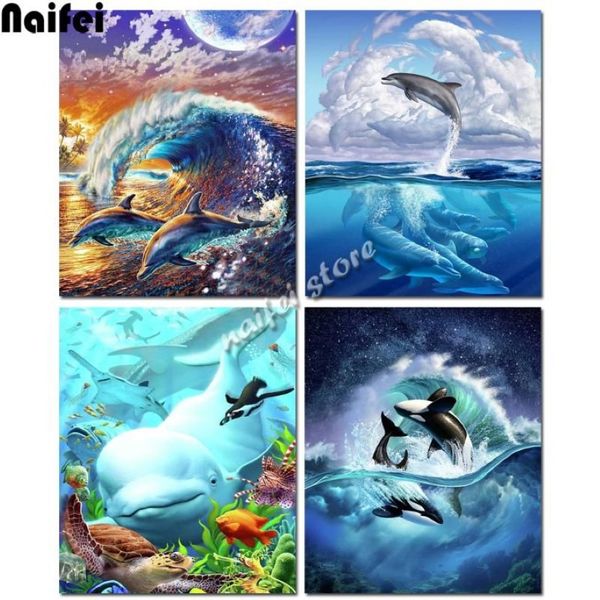 Pintura diamante arte golfinho orca onda 5d bordado bordado baleia mosaico decoração de casa imagem artesanal de strass247w