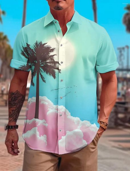 Freizeithemden für Herren, Hawaii, lila, Strandparty, Herren-Grafik-Shirt, Sommer, hawaiianischer Kokosnussbaum, Turndown-Knopf, kurze Ärmel, modische Straße