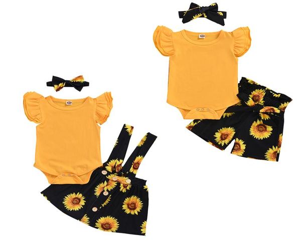 3 pezzi set bambini neonate girasole manica volante pagliaccetto top fiocco fasce stampa girasole pantaloni gonna sunpender abbigliamento bambini ouf8217392