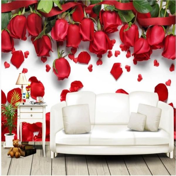 Papel de parede personalizado po 3d estéreo lindo amor romântico pétalas de flores rosas vermelhas fundo de tv wall269k