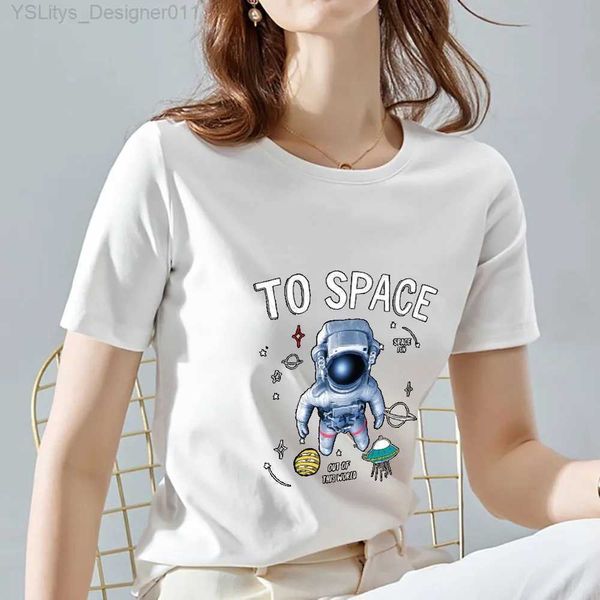 Camiseta feminina feminina verão branco trenó curto camiseta casual all-match astronauta série impressão topo fino o-pescoço macio comter confortável topo l24312 l24312