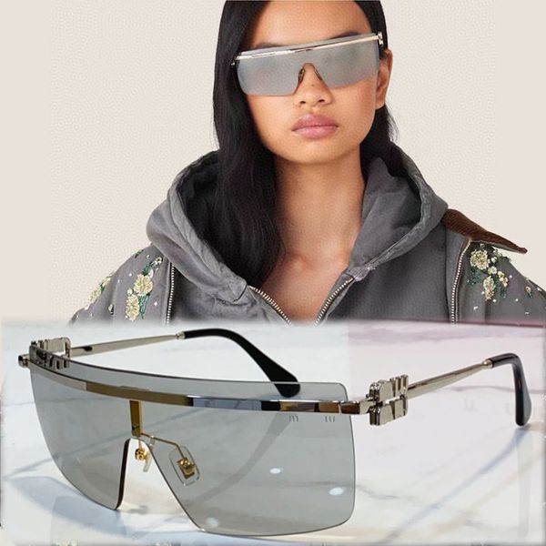 Damenmode-Sonnenbrille mit Miu-Logo, SMU50Z, Designer-Sonnenbrille, rahmenlos, übergroß, verspiegelte graue Gläser, moderne Mode-Sonnenbrille mit Box