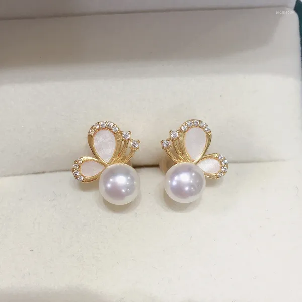 Orecchini a bottone ZHBORUINI 14K placcato oro farfalla autentica perla d'acqua dolce S925 argento sterling ago per orecchio per gioielli da donna