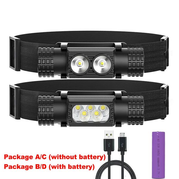 Superhelle LED-Stirnlampe, 7 Beleuchtungsmodi, zoombarer Taschenlampen-Scheinwerfer, IP66, wasserdicht, über USB wiederaufladbar, 18650 Batterie, Taschenlampe 240301