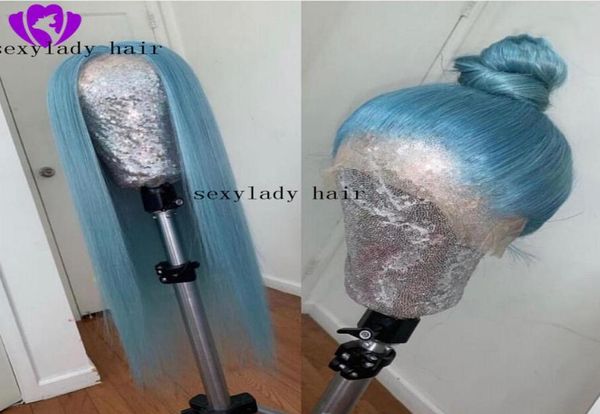 Hellhimmelblaue, gerade, handgebundene synthetische Spitze-Front-Perücke, leimlose, hitzebeständige Faser, Haarteil für Damen, Perücken 8855771