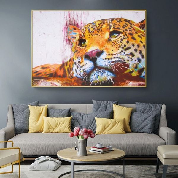 Pintura em tela de leopardo, pintura abstrata colorida de animais, posteres e impressões, arte de parede para sala de estar, decoração de casa 264x