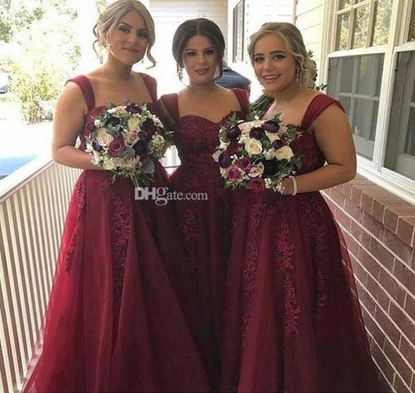 Novo barato vestidos de dama de honra borgonha tule mangas rendas apliques longo verão praia para casamento vestido de convidado dama de honra gow3709709