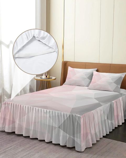Saia de cama geométrica rosa cinza gradiente triângulo elástico colcha com fronhas capa de colchão conjunto de cama lençol