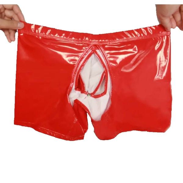 Cuecas vermelhas de couro b falso molhado brilhante olhar sissy calcinha aberta virilha casal gay roupa interior botão boxer shorts engraçado tronco cueca utton oxer