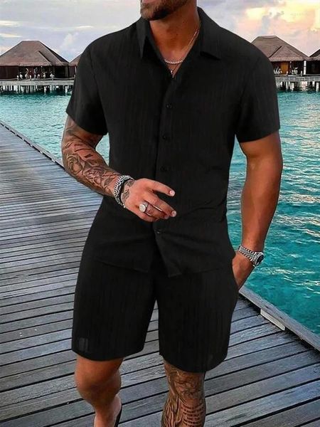 Tute da uomo Uomo 2 pezzi Set Estate Stampa 3D Casual Abito a righe in tinta unita Camicia Pantaloncini con bottoni da spiaggia Streetwear Vacanza a due pezzi