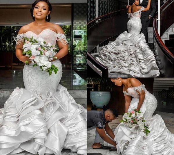 Luxo babados sereia vestidos de casamento vestidos de noiva fora do ombro frisado renda lindo nigeriano árabe casamento robe de mariee4280371