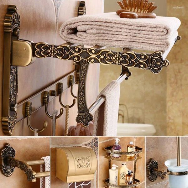 Set di accessori per il bagno Hardware Portasciugamani pieghevole in alluminio Mensola ad angolo Portarotolo Scopino per WC Punzonato con unghie intagliato antico