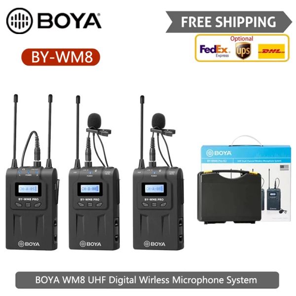 Microfones BOYA BYWM8 BY WM8 Pro K1 K2 K3 K4 K7 UHF Sistema de microfone duplo sem fio Microfone de entrevista para iPhone para câmera de vídeo DSLR de pc