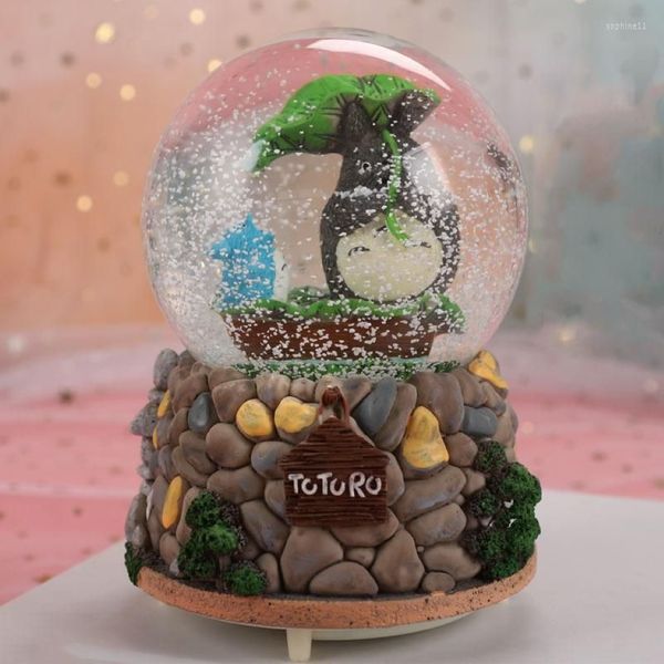 Estatuetas decorativas bola de cristal caixa de música dos desenhos animados totoro meninos arco-íris brilhante flocos de neve decoração para casa ornamento desktop birthd279d