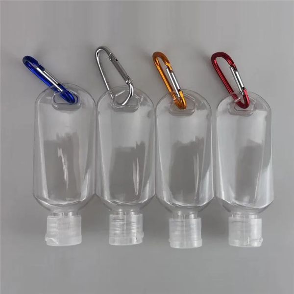 wholesale 50 ml leere nachfüllbare Alkoholflasche mit Schlüsselringhaken, durchsichtige Kunststoff-Händedesinfektionsflasche, Outdoor-Reiseflasche LL