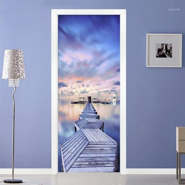 Moderne 3D Blauer Himmel Meerblick Holz Brücke Tür Aufkleber Wohnzimmer Schlafzimmer Kreative PO Wandbild Wasserdichte Tapete 3D1285E