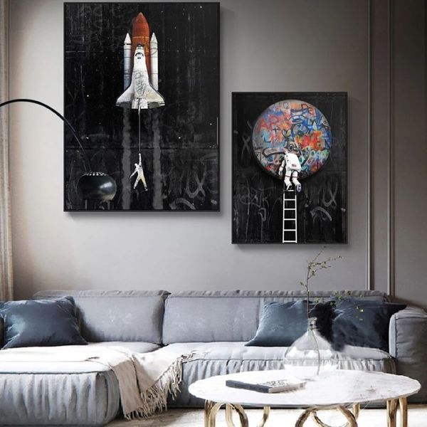 Graffiti arte astronauta espaço sonhando nave espacial pintura em tela fotos de parede para sala estar cartazes e impressões casa decor270a