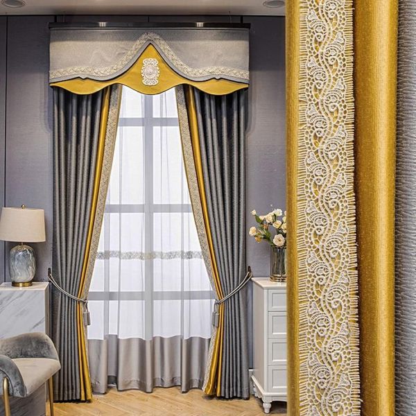 Cortina cortinas personalizadas de alta qualidade moderna simplicidade bordado emenda seda cinza renda ouro blackout valance tule painel m1166241q