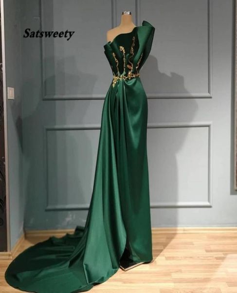 Скромные изумрудно-зеленые атласные вечерние платья русалки, настоящее изображение, золотые аппликации, длинные платья для выпускного вечера с оборками, вечернее платье7149057