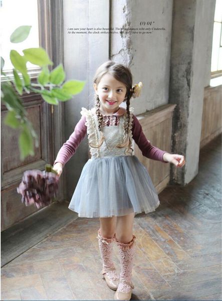 ragazze fiocchi di pizzo bretelle abiti primavera nuovo marchio abbigliamento per bambini carino coreano moda bambino pizzo tulle principessa vestito da festa per bambini A714052736