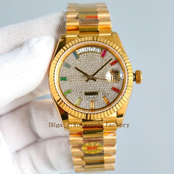 Fábrica de DJ de luxo de alta qualidade 128349 18K ouro amarelo 36mm moldura de diamante 3235 relógio masculino automático 10 safiras gradientes arco-íris com corte quadrado