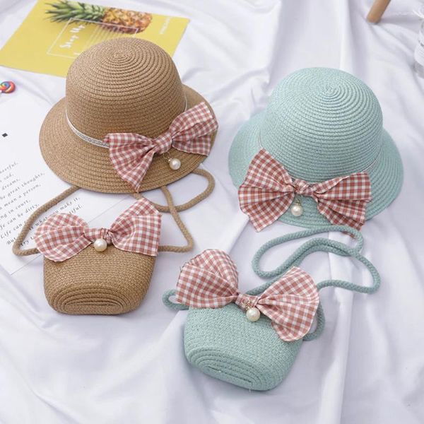 Cappelli per bambini Ragazze Grande fiocco largo Intrecciato in paglia Protezione solare Cappello da spiaggia Colorato Pompon Ball Estate Floppy Berretto da secchiello Borsa portatile