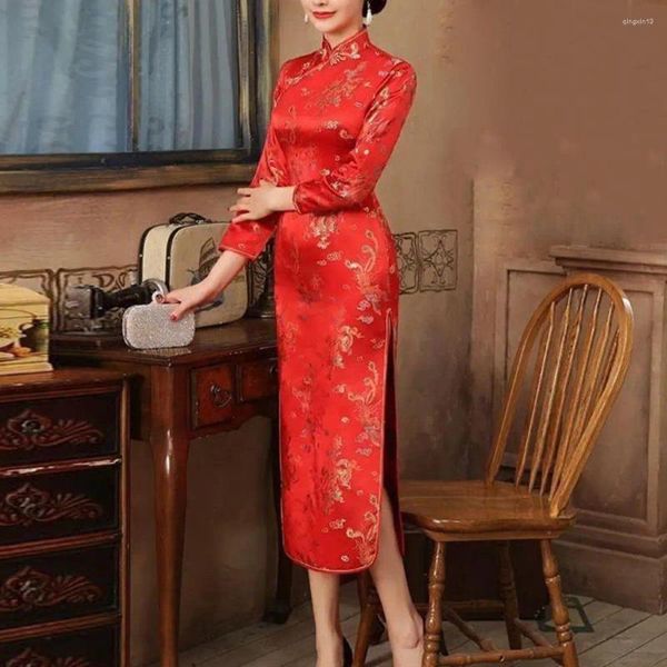 Abbigliamento etnico Abito cheongsam retrò Abiti eleganti da donna in stile cinese per matrimoni Feste Classico spacco alto Forchetta lunga Qipao