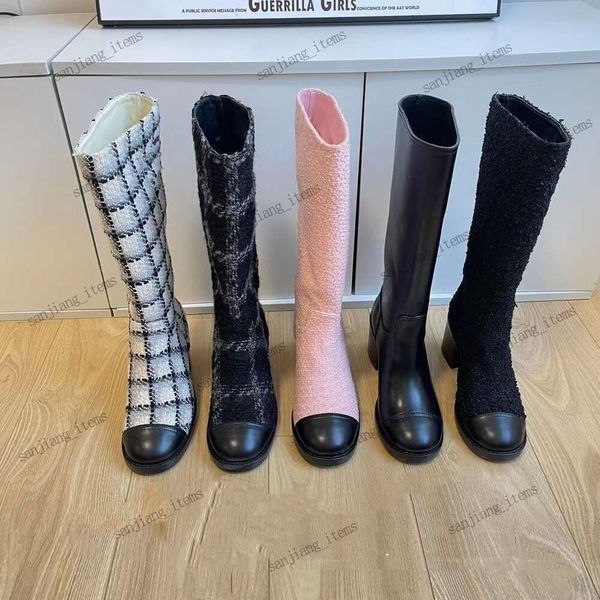 Kadın Diz Botları Tasarımcı Buzağı Tıknaz Topuklar 6cm Tweed Trim Uzun Boot C Knight Motosiklet Kar Boot Üzerine İki Kayma Uzun Potez Vintage Kapitone Doku Kap Toe Ayakkabıları