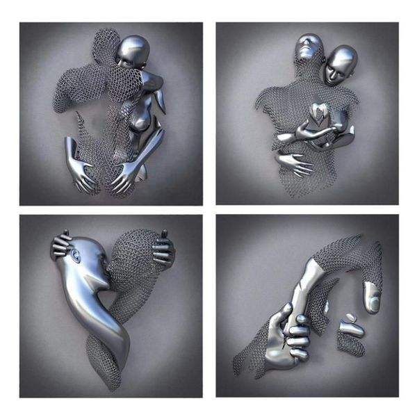 Gemälde 4 stücke Liebe Herz 3D-Effekt Wandkunst Abstrakte Metallfigur Statue Kunst Leinwand Malerei 19 7 Zoll Moderne Wohnkultur258z