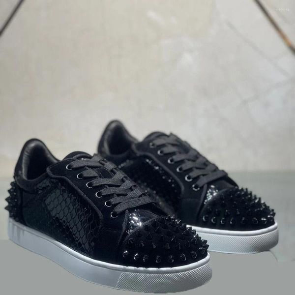 Sapatos casuais moda baixo corte masculino luxo qualidade formadores condução cravado preto cobra couro genuíno rebites toecap saltos apartamentos tênis