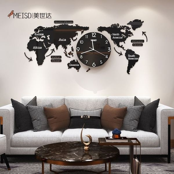 120cm Punch- Diy Siyah Akrilik Dünya Haritası Büyük Duvar Saati Modern Tasarım Çıkartmaları Sessiz İzle Ev Oturma Odası Mutfak Dekoru 2268U