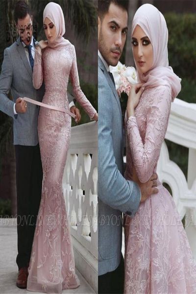 Arabid Dubai Modest Langarm Rosa Abendkleider Hijab High Neck Applikationen Pailletten Prom Kleider Meerjungfrau Party Kleid Mit Detach9574340