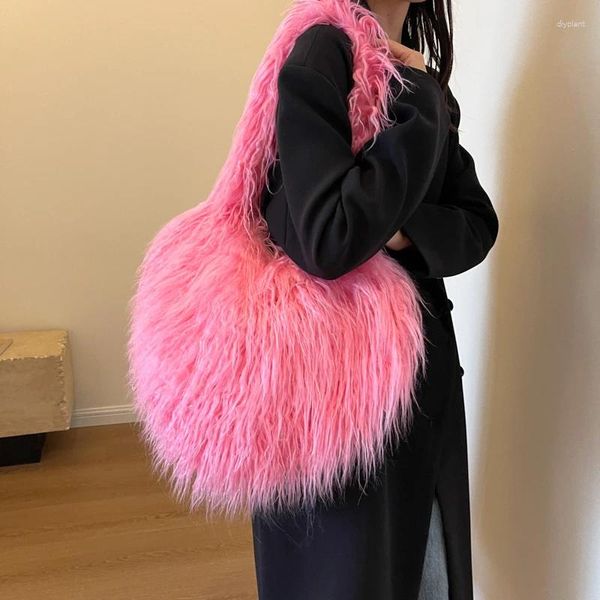 Sacos da noite Luxo Rosa Rosa Faux Fur Bolsa Tote Grande Capacidade Bolsa De Ombro Para Mulheres Longo Pelúcia Underarm Inverno Quente Compras Feminino