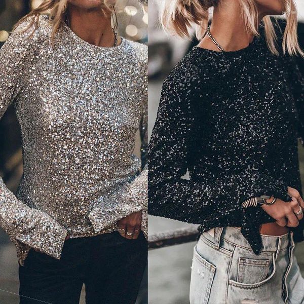 Magliette da donna Eleganti donne sexy Top senza schienale Party Club T-shirt da donna con paillettes Maniche lunghe Camicetta solida Autunno Chic Abbigliamento femminile