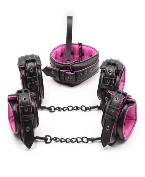 Algemas de tornozelo, punhos de pulso, colarinho de pescoço com trela, kit de equipamento de bondage, esponja macia, couro bdsm, acessório elegante, preto, rosa, ajuste 4025070