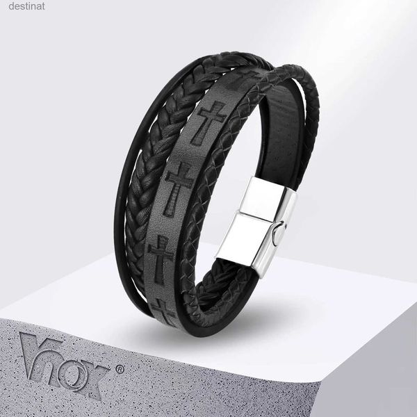 Frisado vnox elegante carimbado cruz pulseiras dos homens trançado camadas preto couro do plutônio pulseira legal suave fé jóias l24213