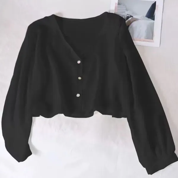 Damen Strick Korean 2024 Chiffon Frauen Sommer dünne Shirts Strand Langarm Perspektive Sonne Shirt Sexy V-Ausschnitt Button Up weibliche Crop Tops