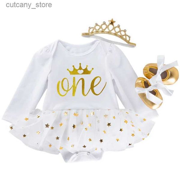 Vestidos da menina Golden Shiny Star Malha Vestido para Bebés Primeiro Aniversário Coroa Branco Vestido de Algodão Traje Criança Menina 1 Anos Princesa Outfits L240311