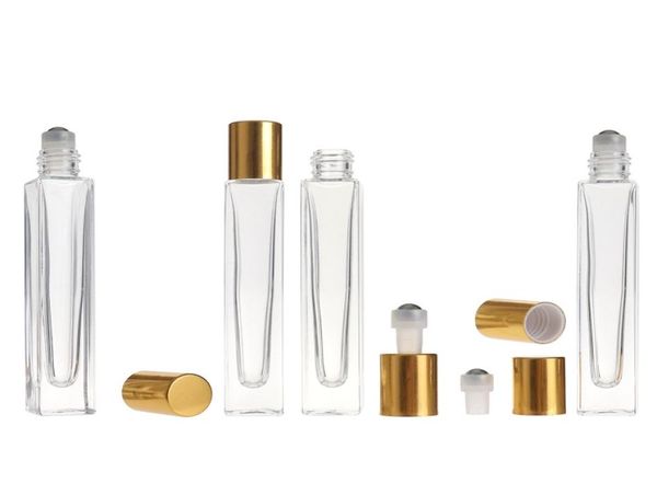 Rolo de vidro transparente quadrado de 10ml, caneta vazia com tampa dourada, bola de rolo de aço inoxidável para óleo essencial perfume1710516